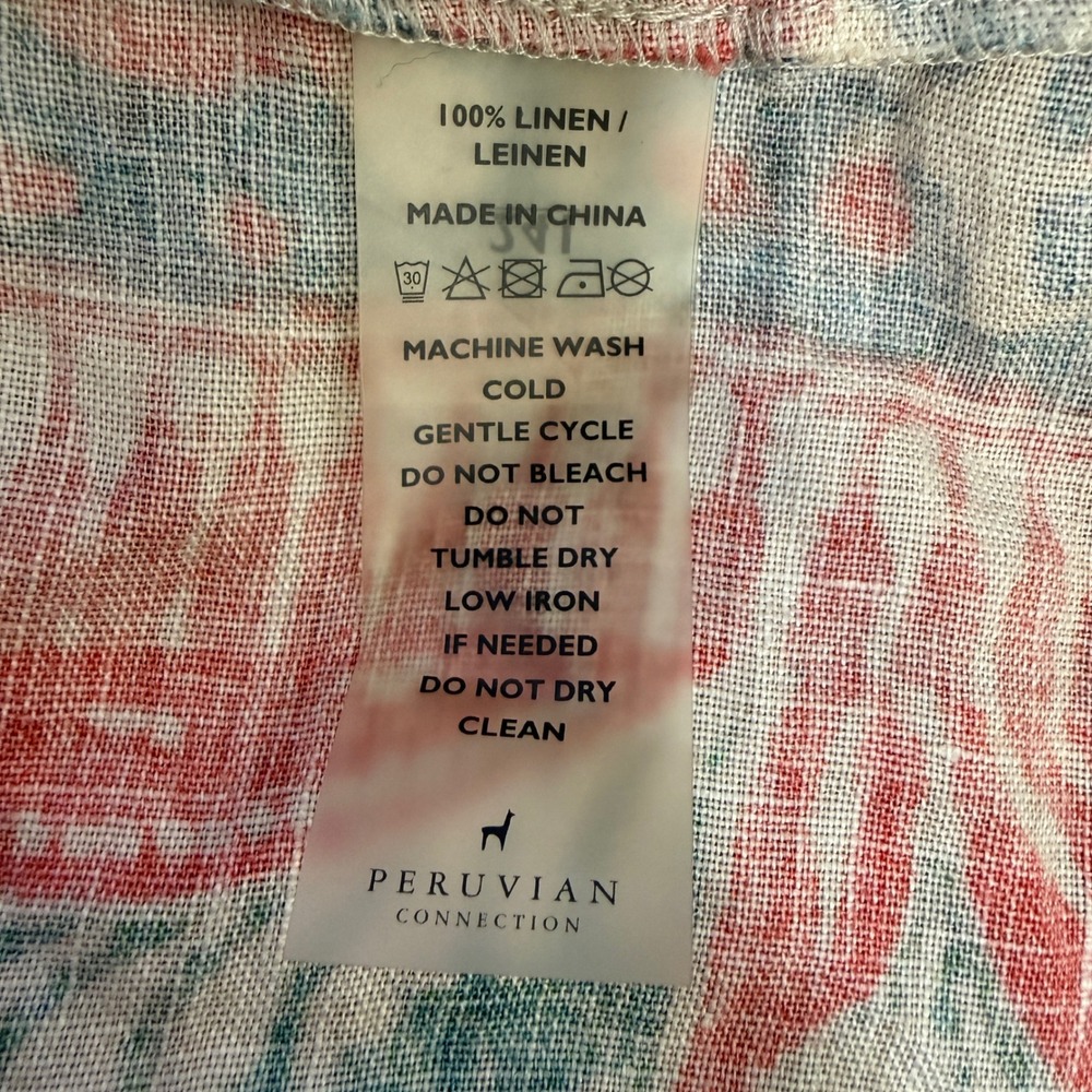 Peruvian Connection Block Print 100% Linen Maxi Caftan Long Dress XL Pockets - Picture 8 of 8